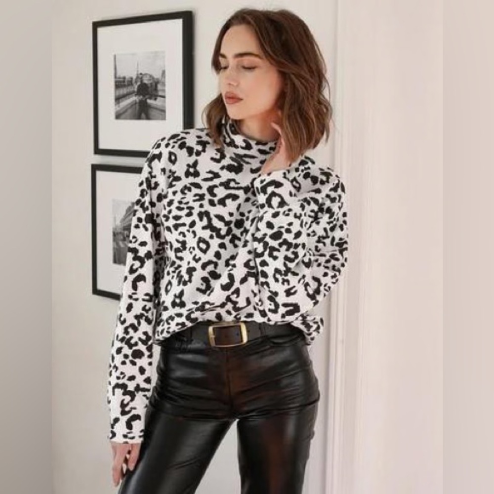 Brunette the Label Mock Neck Step Sister Sweater - Snow Leopard
